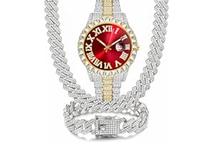 NUAYA 3PC Mens Iced Out Watch 40mm with Diamond Roman Dial and Matching Iced Out Nugget Bracelet Necklace - Quartz Movement - 14k Gold Tone Silver Gold Jewelry Sets