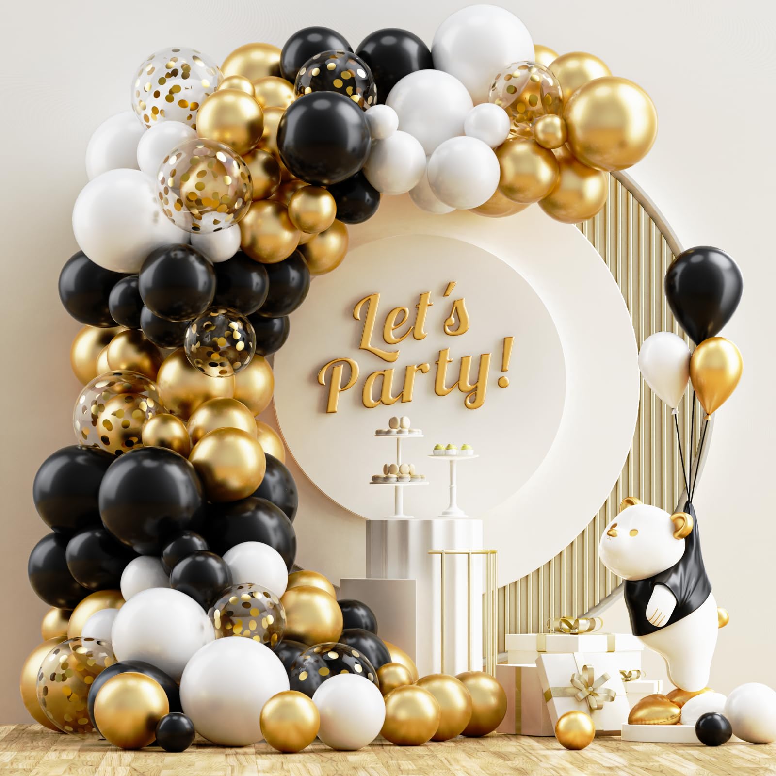 Photo 1 of NISOCY Black and Gold Balloons Garland Arch Kit, 120PCS Black White Metallic Gold Balloons Arch Kit with Confetti Balloons for 2025 Graduation Birthday Wedding Baby Shower New Year Party Decorations