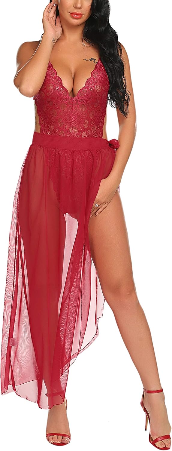 Avidlove Women One Piece Lingerie Deep V Lace Bodysuit Mosaic Lace Teddy Mesh Skirt at  Women’s Clothing store