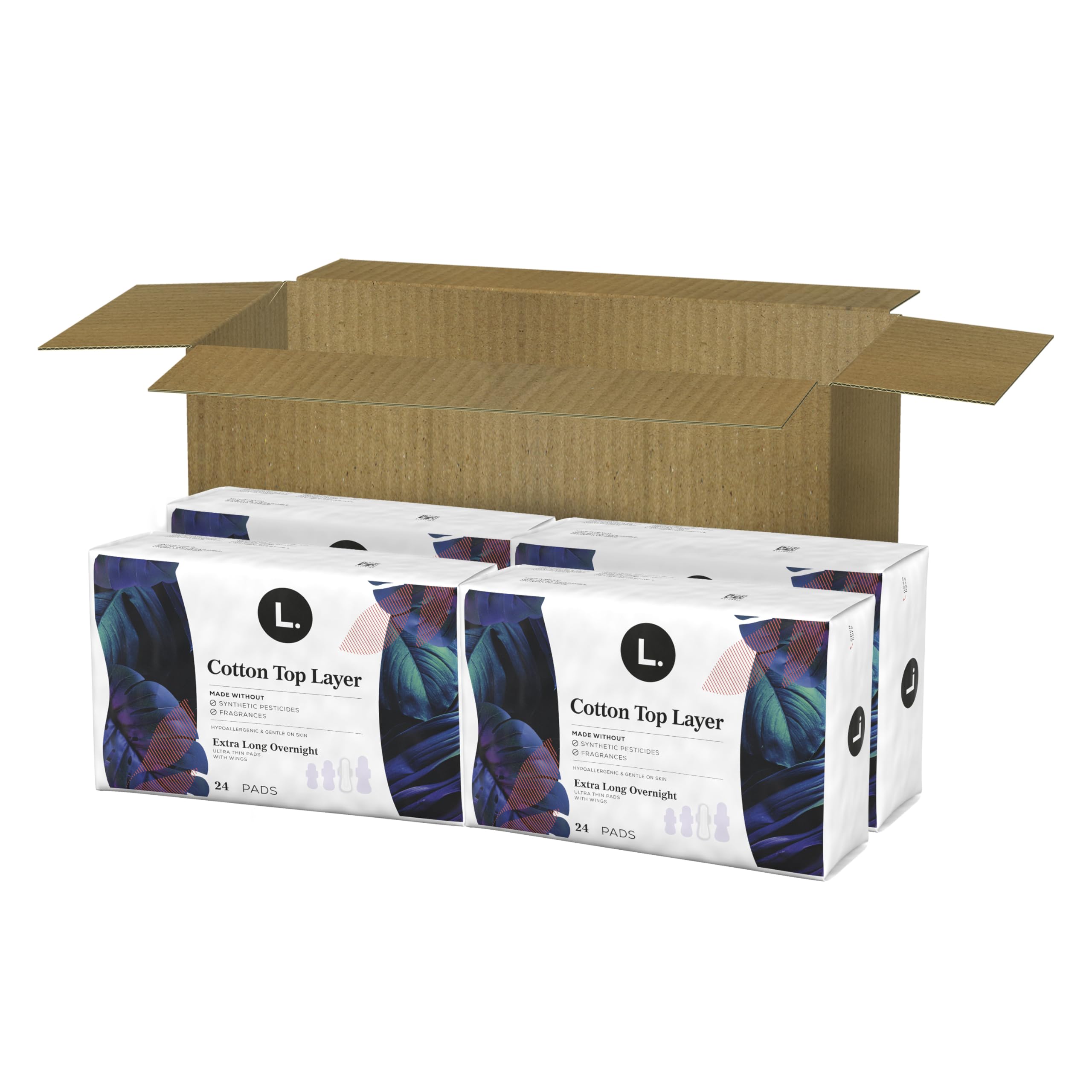 L. Ultra Thin Pads for Women, Overnight Absorbency, Organic Cotton Top Layer, Unscented Pads with Wings, 96 Count (4 Packs of 24)