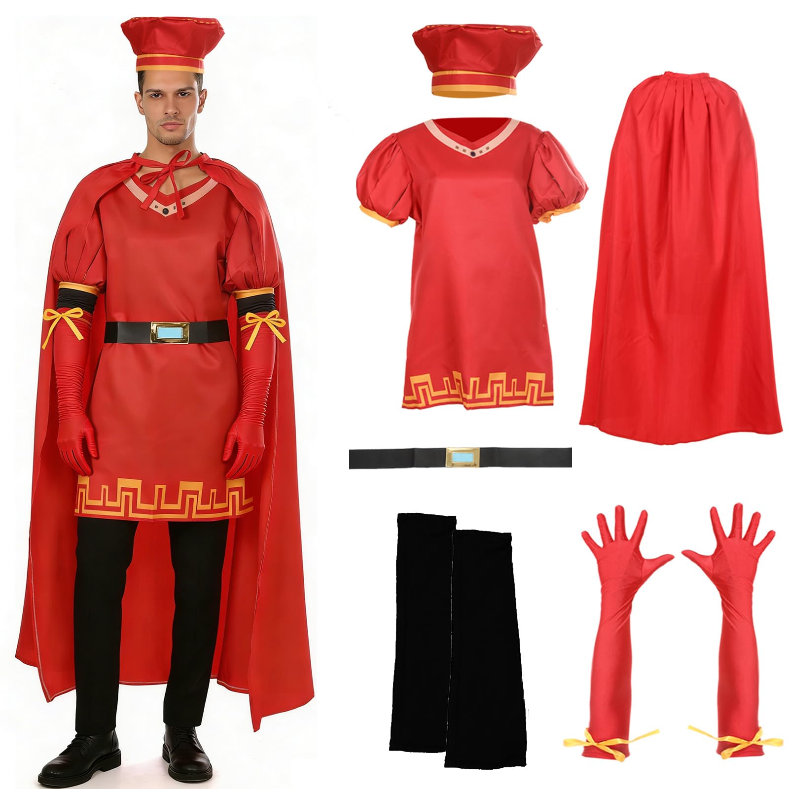 AENEY Adult Lord Farquaad Costume, 6PCS King Outfits Set with Red Hat Cape Gloves Belt, Fancy Dress Up for Halloween Party Cosplay (Medium)