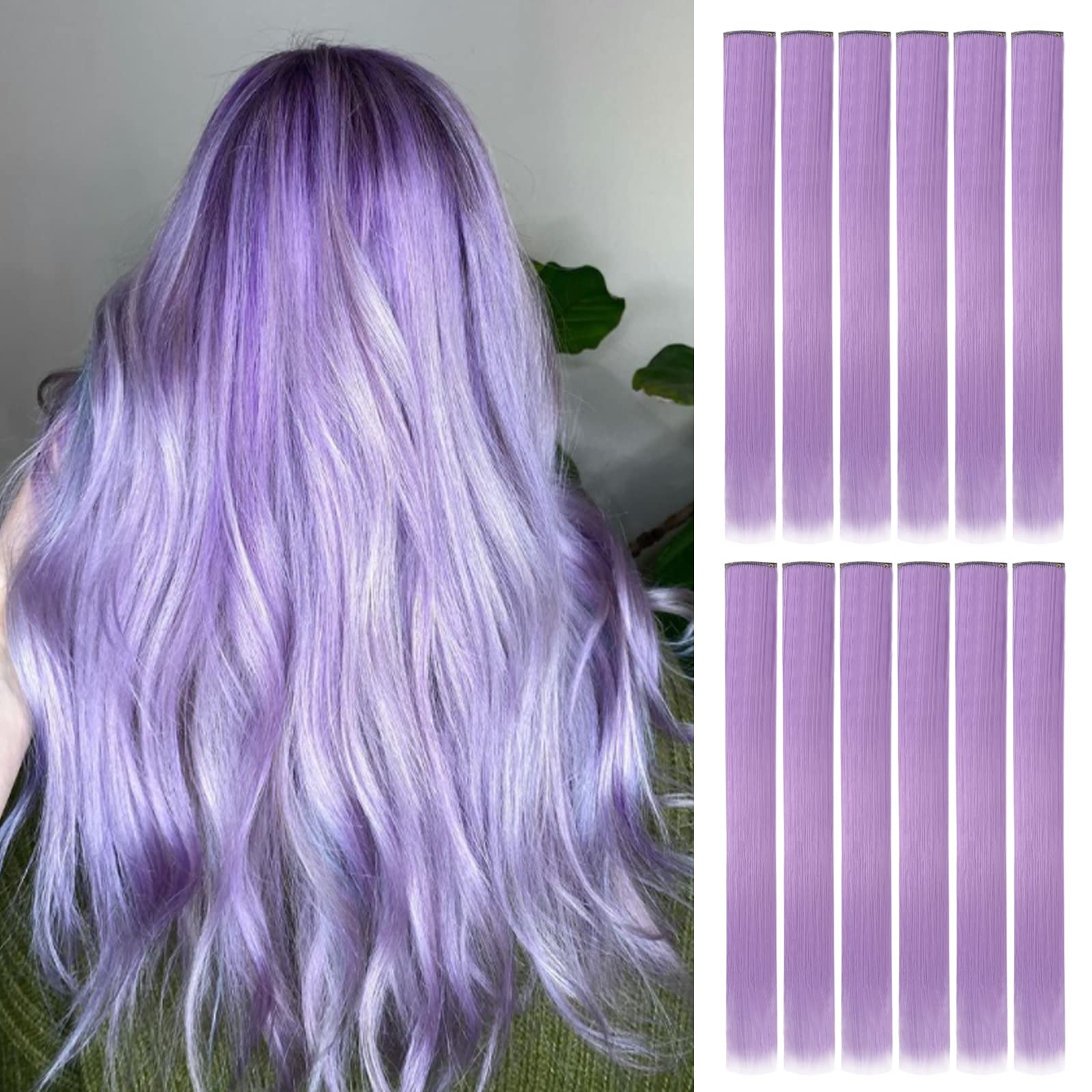 Photo 1 of YaFex 12 Pcs Clip in Hair Extensions, 22 Inch Colored Hair Extensions Party Highlights Long Straight Synthetic Hairpieces for Women Kids Girls (Light Purple)