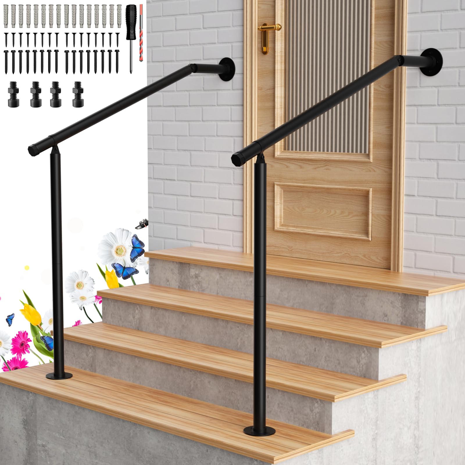 Photo 1 of 2 Pack Hand Rails for Outdoor Steps 2-3 Step Deck Railing Kit Wall Floor Mounted Wrought Iron Handrails Deck Rail Kit Exterior Hand Railings for Seniors Indoor Stairs Porch Railing
