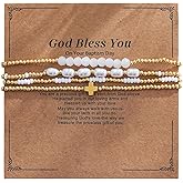Bohxantium Crystal Gold Beaded Bracelets for Women Pearl Cross Bracelet Stack Stretch 14K Gold Plated Seed Beads Stackable Boho Trendy Gemstone Religious Jewelry Set Christian Gift for Women
