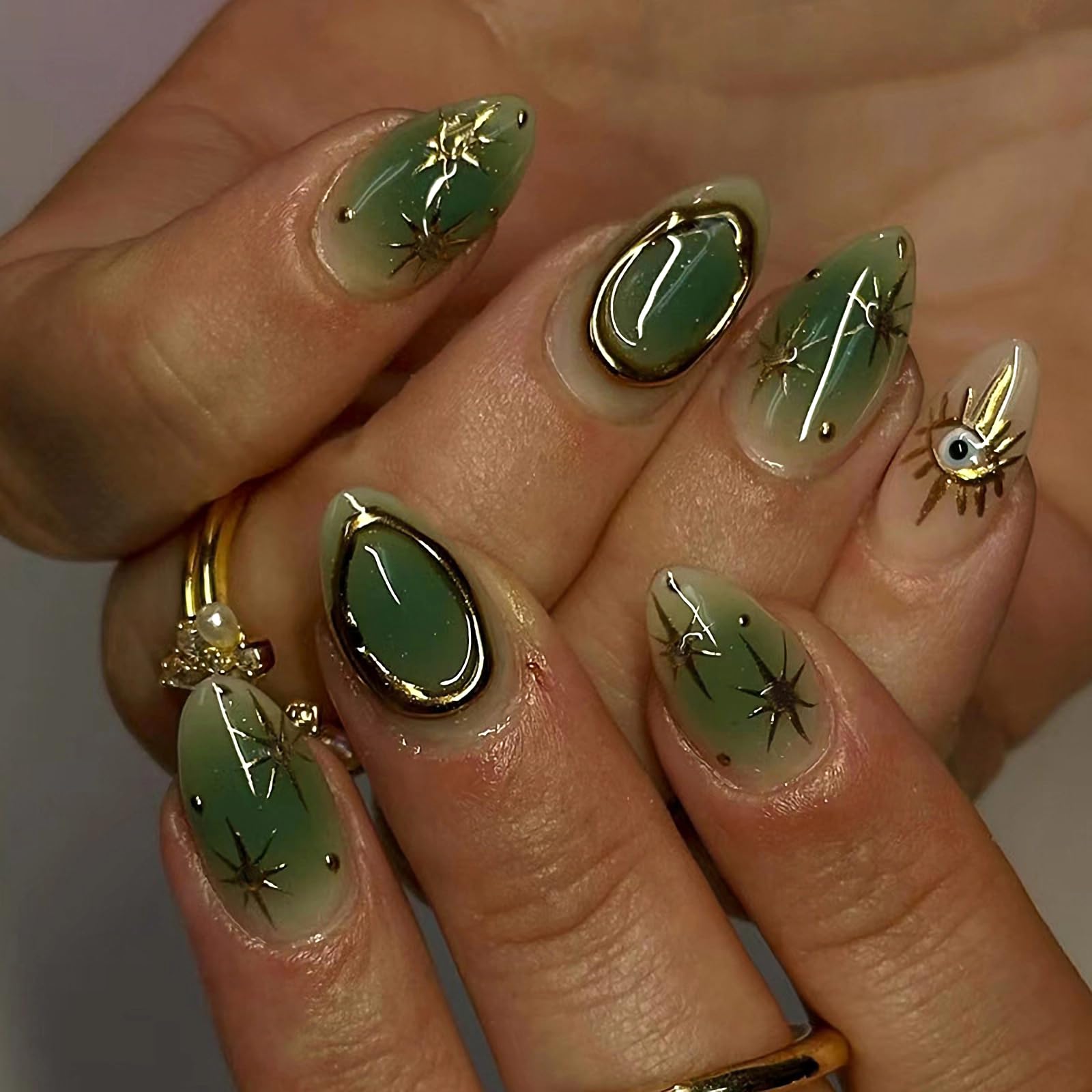 MERVF Almond Press on Nails Medium Fake Nails Green Gradient Glue on Nails Gold Sun Star Press ons Stiletto Acrylic Nails with Aura Design 30pcs Glossy