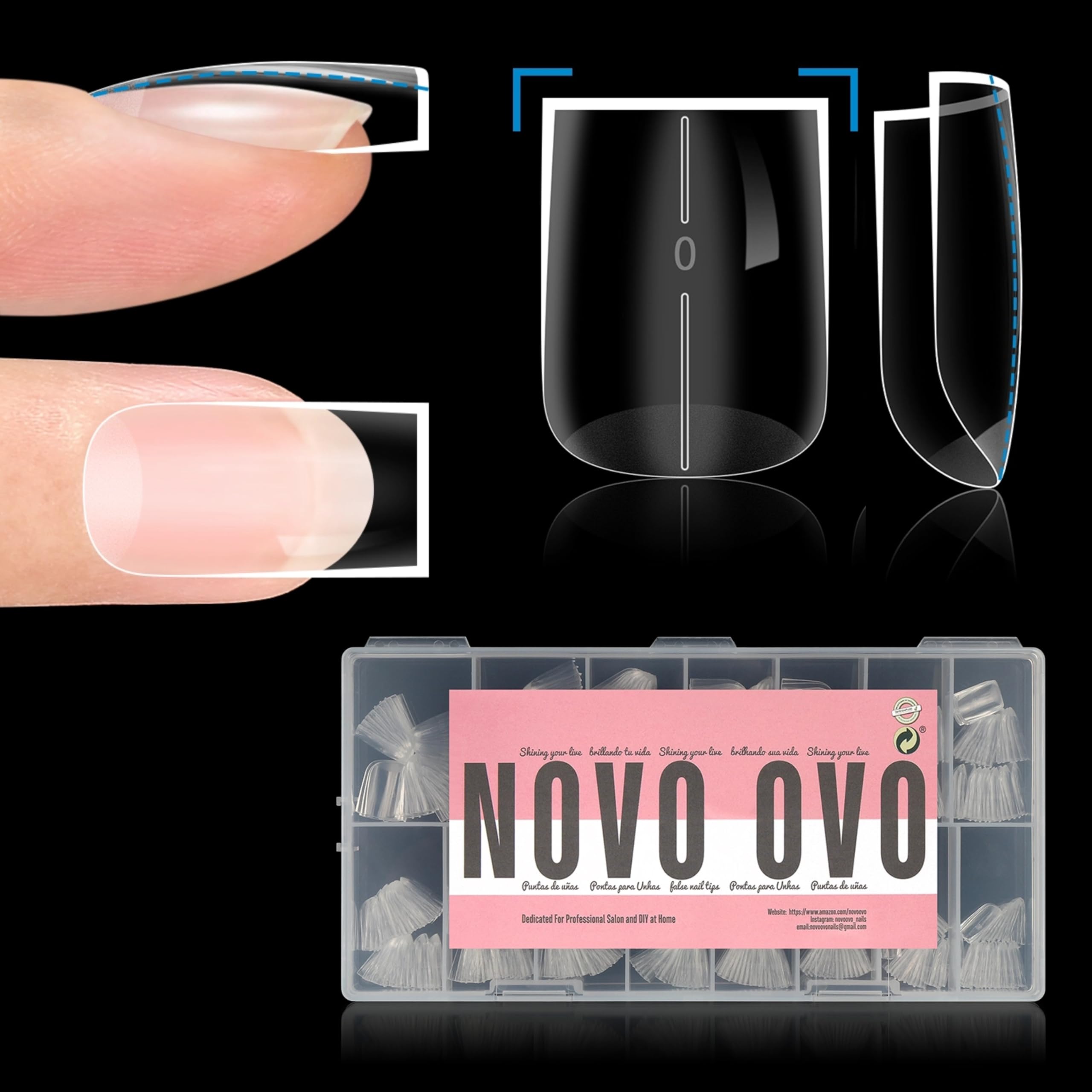 NOVO OVO Straight Square Thick Short Natural Nail Tips Press on, No C Curve Sharp Square Soak Off Soft Gel Fake Nail Extension, Full Cover False Nails for Acrylic French, Salon DIY x 15 Sizes 510 pcs — image 1
