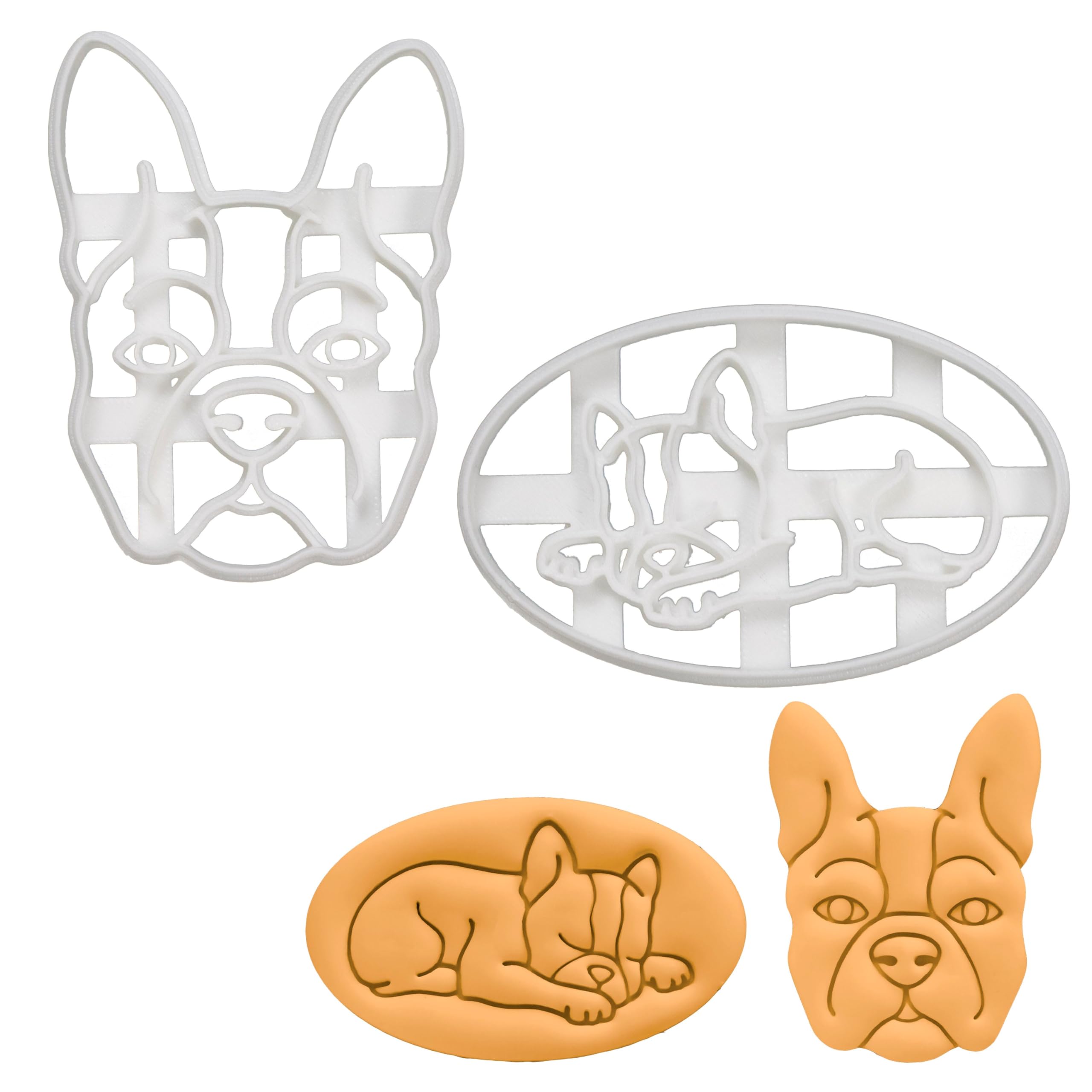 BAKERLOGY Set of 2 Boston Terrier Cookie Cutters (Designs: Face & Sleeping) - Detailed Biscuit Cutter Design for Baking and Crafts, Ideal on Fondant, Dough, Clay