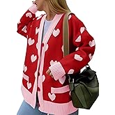 Saodimallsu Womens Oversized Heart Cardigan Color Block V Neck Button Long Sleeve Chunky Valentines Sweaters