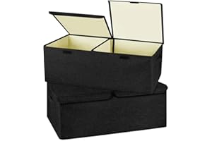 Valease 2 Pack Large Linen Fabric Collapsible Storage Bins with Lid and Handles, Washable Storage Box Baskets Cube with Removable Divider for Bedroom,Closet,Office,Living Room,Nursery (Black, Small)