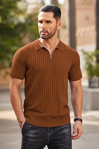 COOFANDY Men's Zipper Polo Shirts Short Sleeve Ribbed Knit Polo T