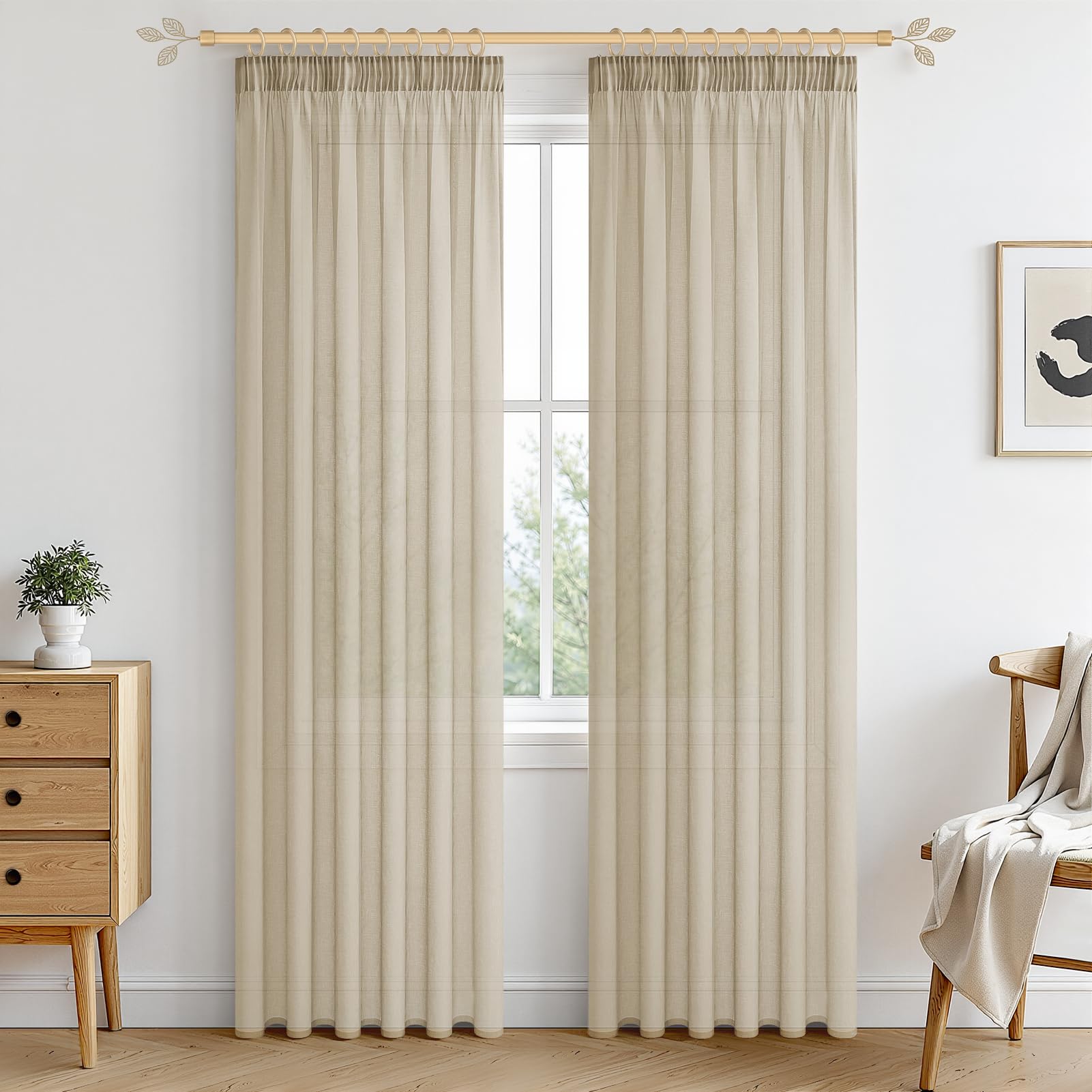 MRTREES Voile Curtains 88 Drop 2 Panels Faux Linen Pencil Pleat Beige Curtains Panel for Bedroom Living Room Patio Door 55x88 Drop 140cm x 225cm