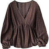SOLY HUX Women's Plus Size Lace Deep V Neck Blouse Long Sleeve Shirts Fall Peplum Top