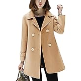 Tanming Women's Winter Double Breasted Coat Black Wool Peacoat Long Sleeve Trench Coat