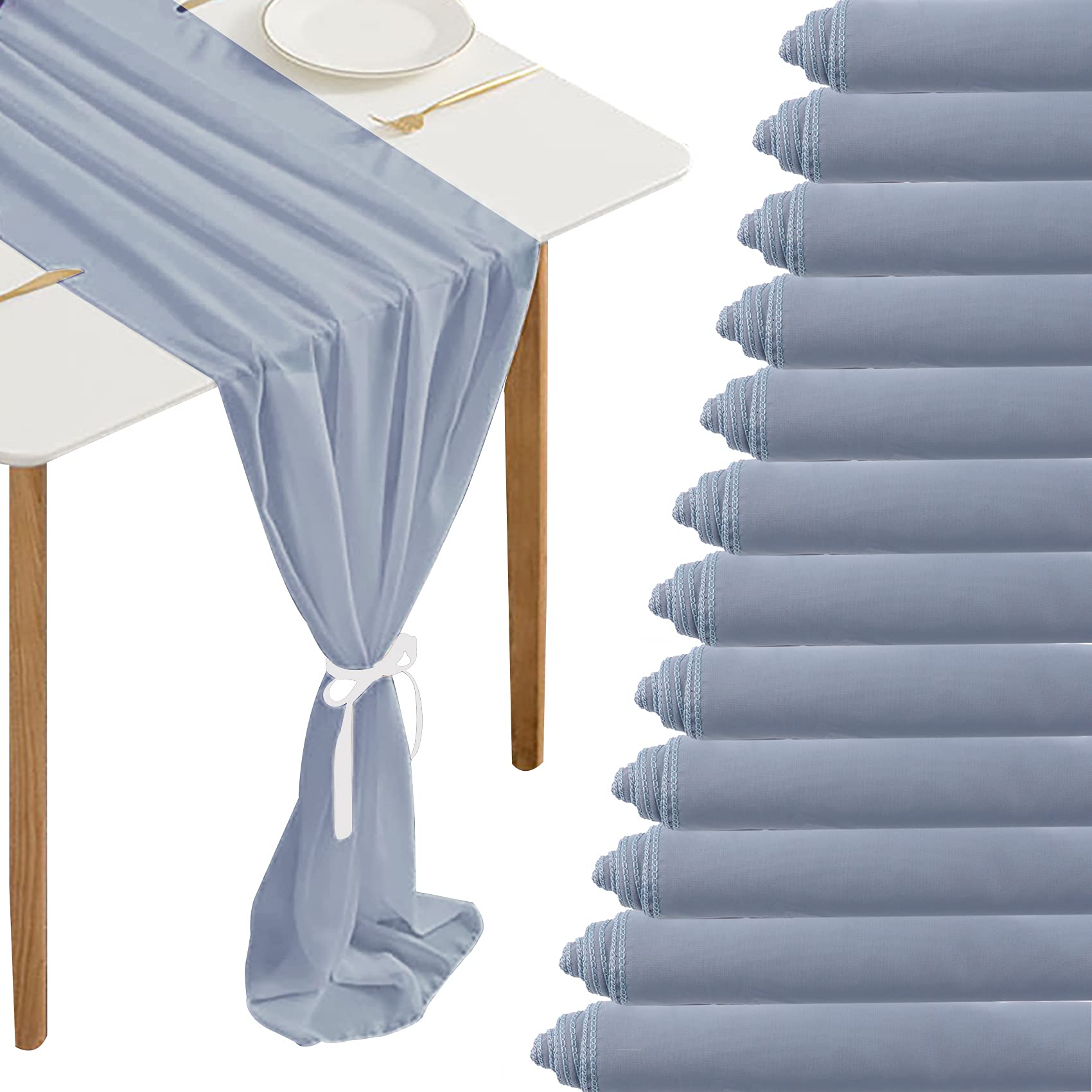 Photo 1 of 12 Packs Dusty Blue 10Ft Chiffon Table Runner 27 x 120 Inches Sheer Chiffon Table Runner Romantic Boho Rustic Wedding Table Runner for Wedding Birthday Party Decor Bridal Baby Shower Table Decoration