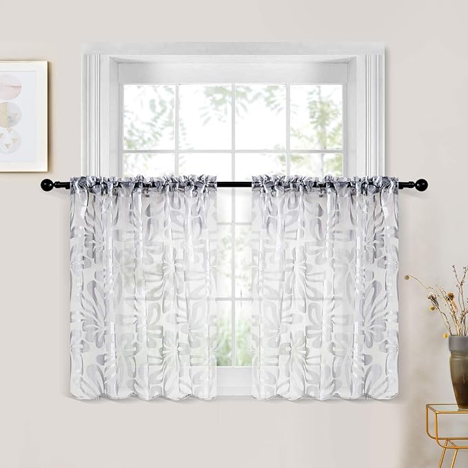 YOKISTG Floral Sheer Kitchen Curtains 36 Inch Length Rod
