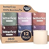 Betterway Unbleached Bamboo Toilet Paper Rolls - Eco-Friendly 3 Ply Toilet Tissue - 12 Long-Lasting Rolls - 360 Sheets/Roll -