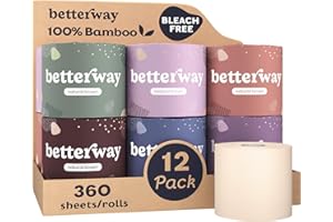 Betterway Unbleached Bamboo Toilet Paper Rolls - Eco-Friendly 3 Ply Toilet Tissue - 12 Long-Lasting Rolls - 360 Sheets/Roll -