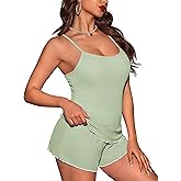 Ekouaer Womens Cami Pajama Sets 2 Piece Ribbed Knit PJs Soft Lingerie Sleeveless Tank Top and Shorts Camisole Lounge Set