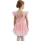 MdnMd Girls Ballet Leotards Toddler Dance Dresses Outfit Soft Ballerina Skirt Shiny Bowknot Ruffle Sleeve Hollow Back