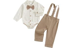 PUHHAPIEY Infant Baby Boys Gentleman Outfits Long Sleeve Bowtie Romper+Suspender Overalls Pants Set Wedding Set Formal