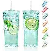 QWEZXO 20 OZ Glass Cup with Lids and Glass Straws, High Borosilicate Iced Coffee Glass Tumblers with Lid and Straw for Drinks, 2pcs Reusable Wide Mouth Smoothie Cup(Cyan)