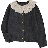 SHENHE Girl's Button Up Cardigan Ribbed Knit Doll Collar Cute Long Sleeve Sweater