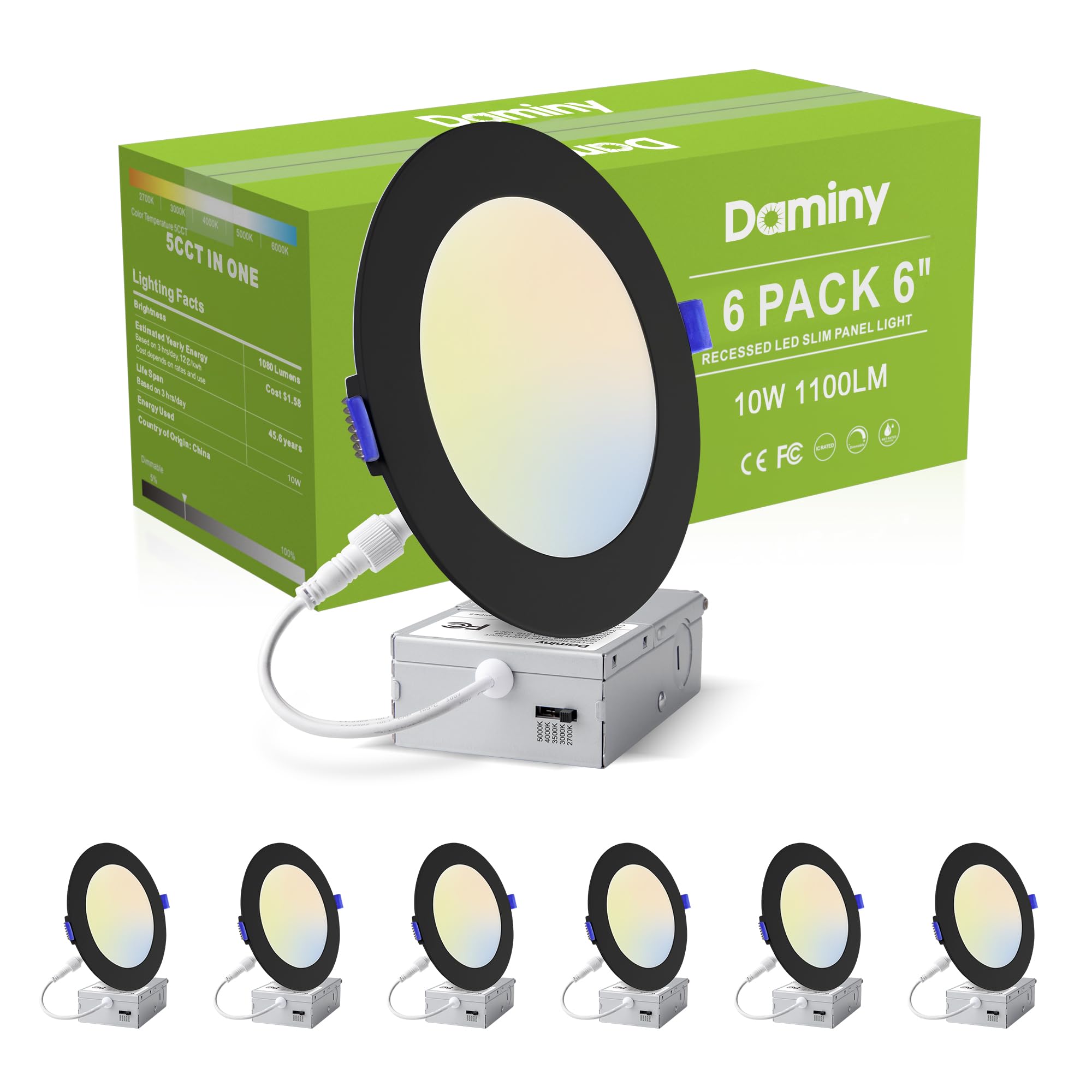 DAMINY 6 Pack 6 Inch Black LED Recessed Lighting with Junction Box,5CCT,Ultra-Thin Recessed Light,10W 1100LM, Dimmable Canless Wafer Ceiling Light,High Brightness Image