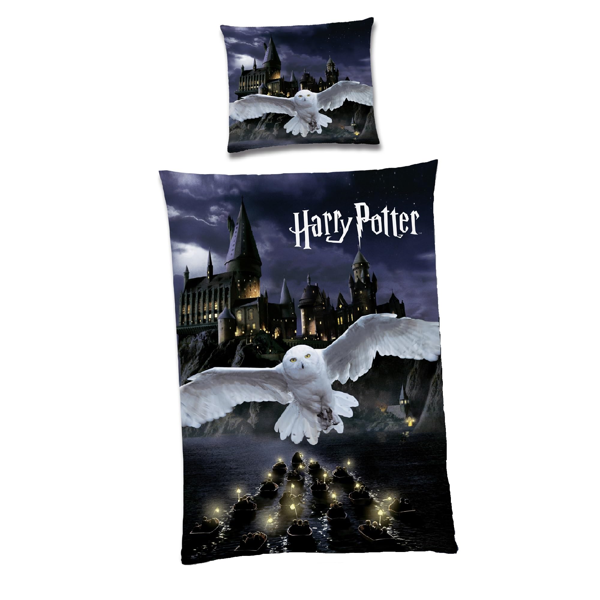 Familando Harry Potter reversible bed linen set, 135 x 200 cm, 80 x 80 cm, 100% cotton, owl Hedwig, Hogwarts, German size, summer bed linen