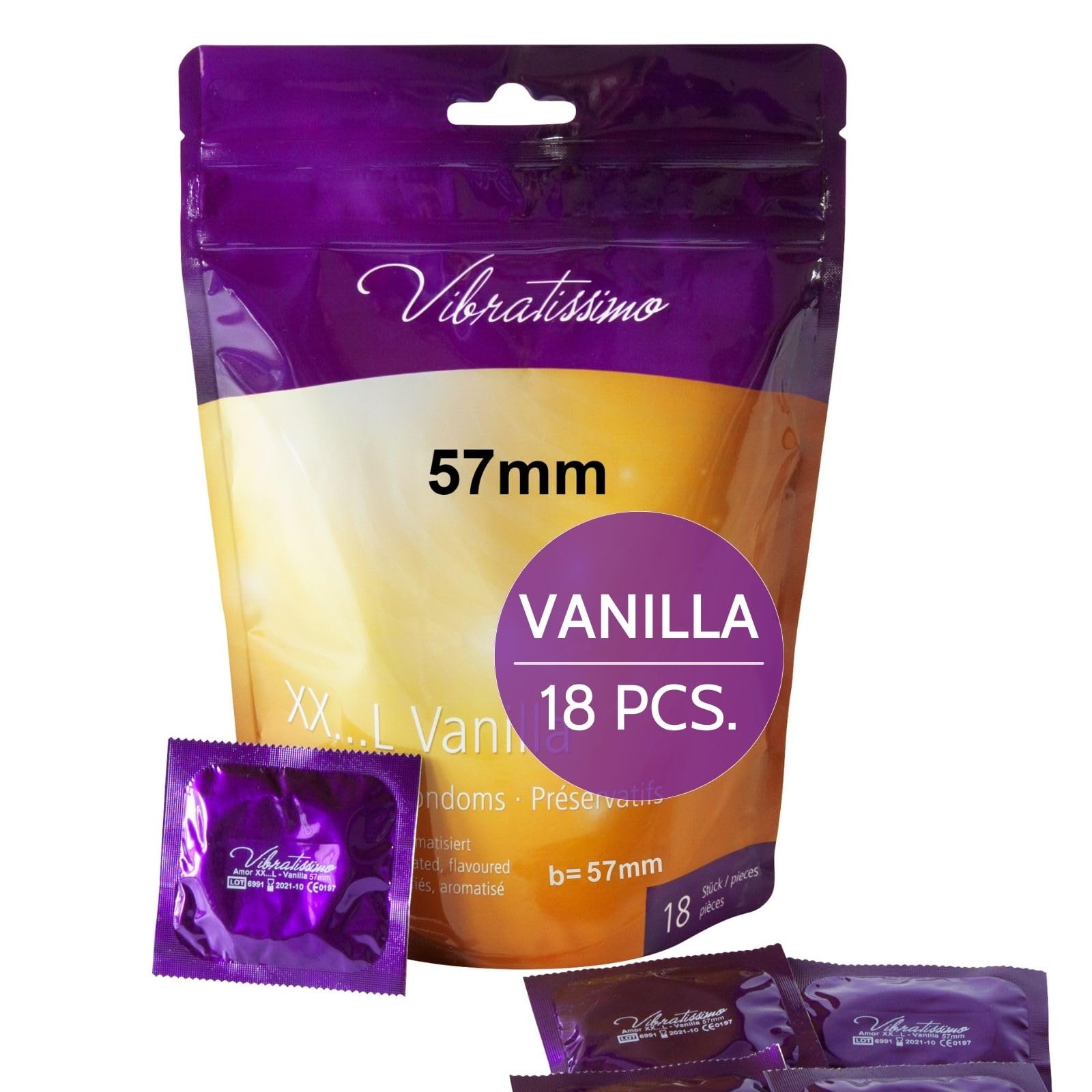 VIBRATISSIMO XXL Vanilla Condoms 18-Pack - Premium With Aroma for Men, Thin Wall Thickness & Aromatized, Vanilla Flavored - w=57mm