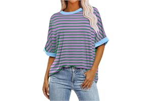 LIKEOULI Womens Sweatshirt Casual Striped Color Block Short Sleeve Crewneck Shirt Summer Y2k Tops Oversized Tshirts for Women
