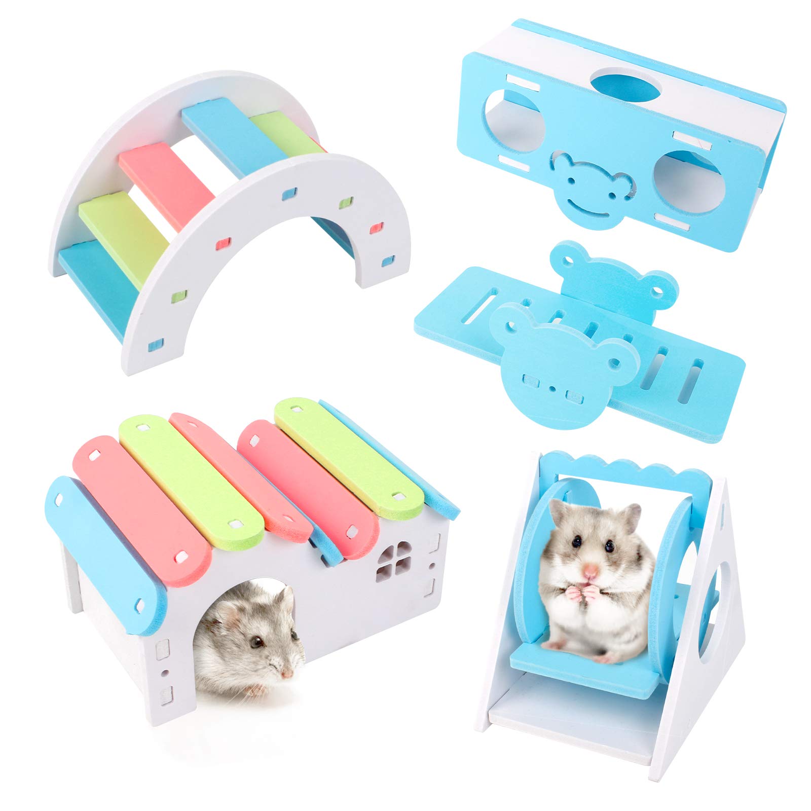 Hamster Toys 5 PCS Lovely Toys Rainbow Bridge Seesaw Swing House Seesaw Bucket Hamster Boredom Breaker Exercise Toys Cage Accessories for Syrian Russian and Siberian Dwarf Hamster