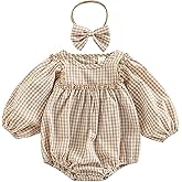 Lehoso Newborn Baby Girl Clothes Plaid Bubble Romper Crew Neck Long Sleeve Bodysuit One Piece Jumpsuit Fall Winter Outfit