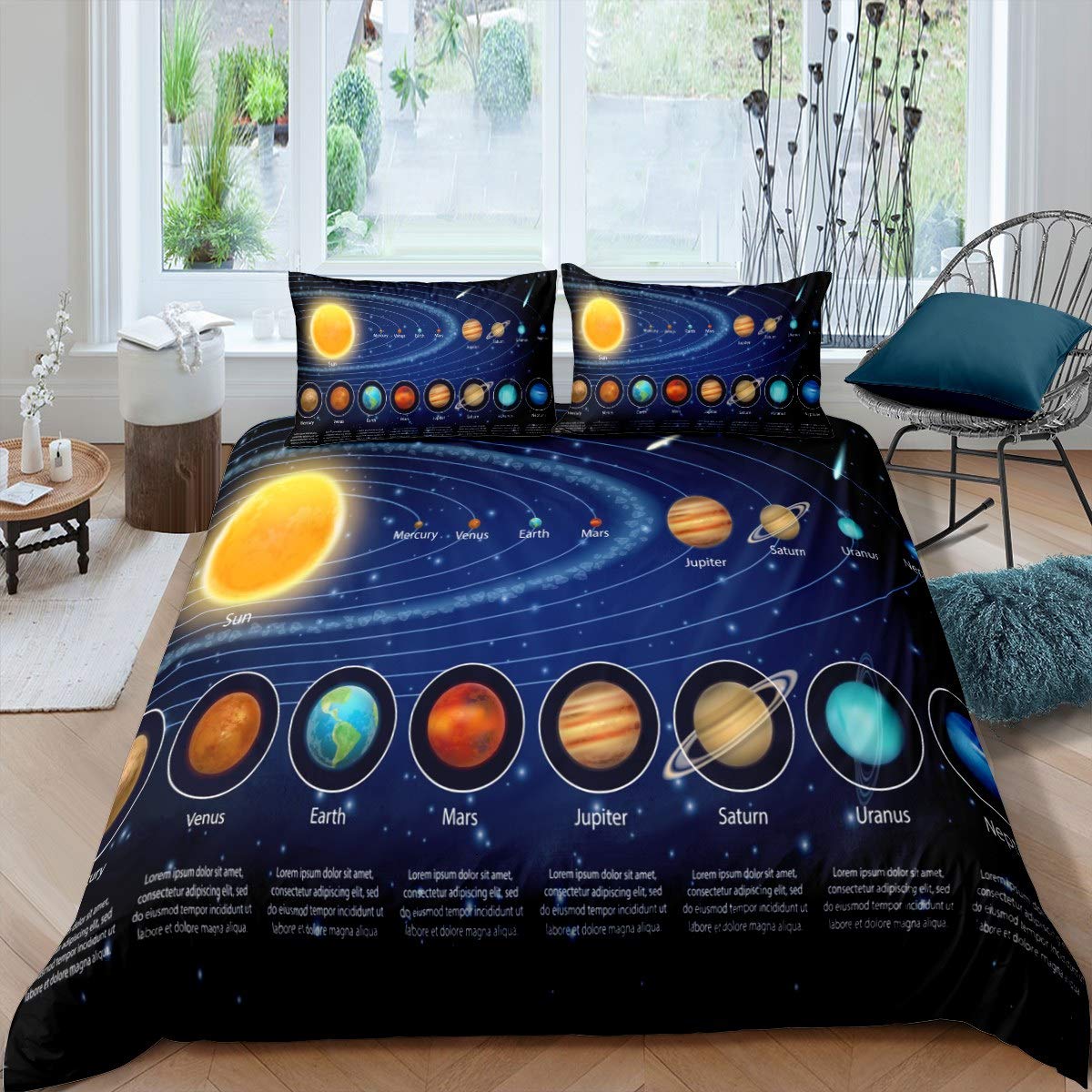 Loussiesd Solar System Duvet Cover Set Galaxy Outer Space Bedding Set for Kids Boys Girls Universe Planets Comforter Cover Astronomy Quilt Cover Bedroom Collection 3Pcs Double Size
