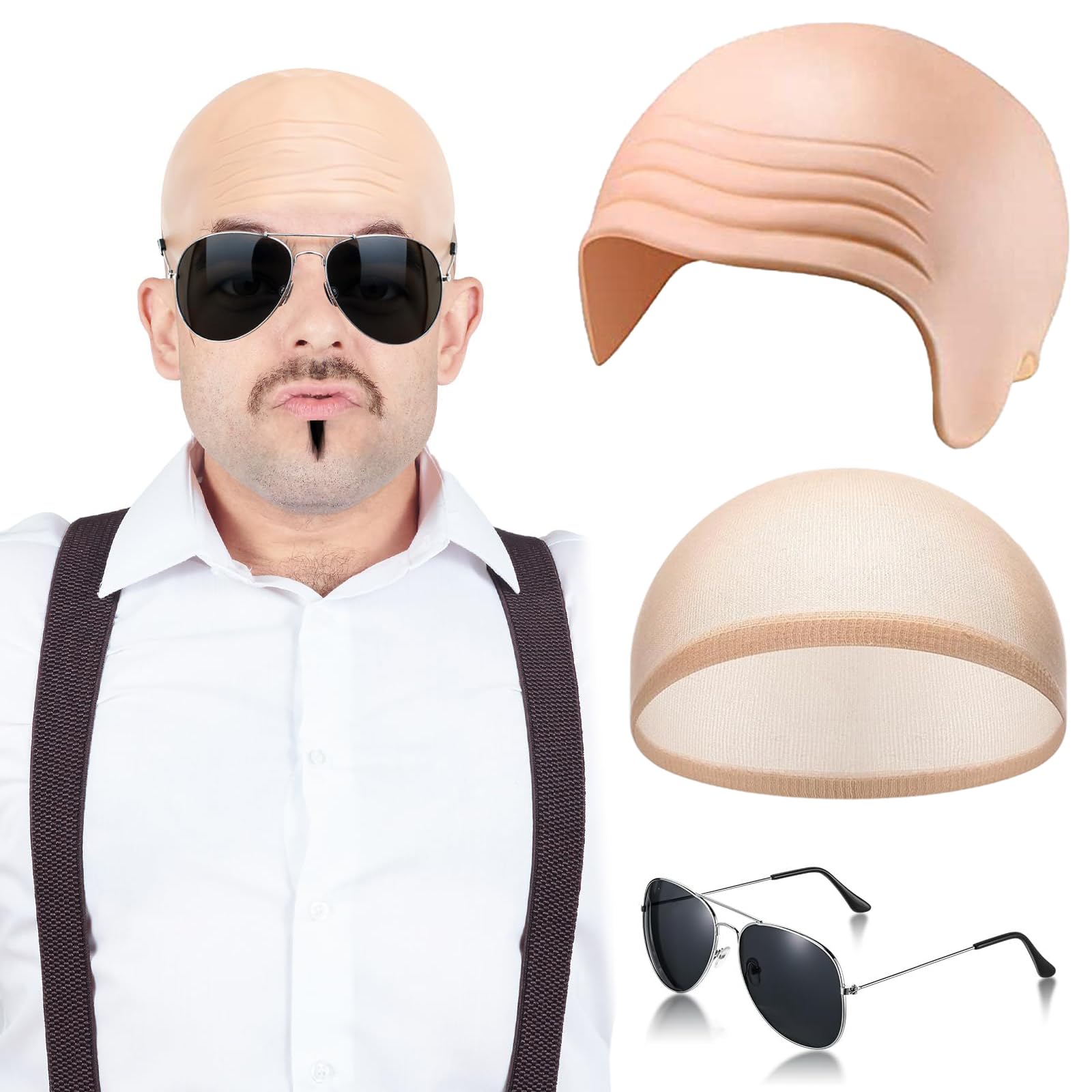 KAZGVN Pitbull Costume, Halloween Costumes, 3 PCS Adult Bald Caps Set with Hair Nets and Sunglasses, Realistic Skin Color Latex Bald Head Wig, Mr Worldwide Costume for Halloween,Theme Party