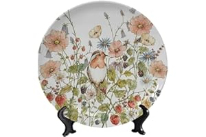 LIGUTARS Flowers and Birds Ceramic Decorative Plate, 10 Inch, Wildflowers and Birds Round Decorative Plate with Vertical Stand for Table Accessory Decor or Bedroom Living Room Bathroom Wall Decor