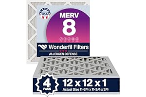 Wonderfil Filters 12x12x1 Air Filter for Home (4-Pack) – MERV 8 HVAC Filter Traps 90% of Dust & Allergens – Reinforced Frame – Fits AC & Furnace Systems – Actual Size 11.75" x 11.75" x 0.75"