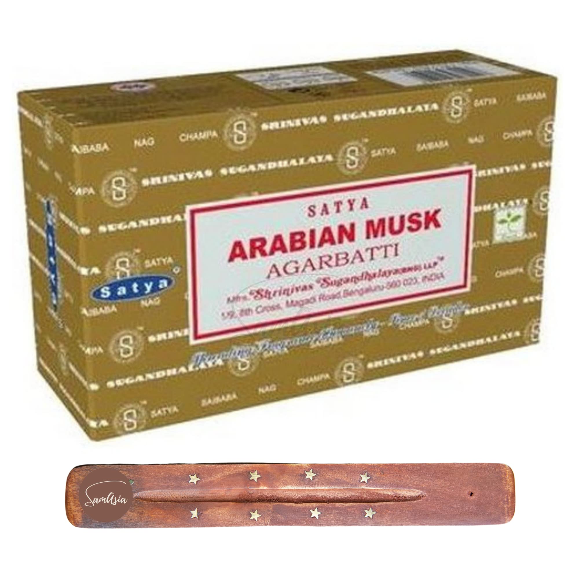 Satya Nag Champa Arabian Musk Incense Sticks | x12 pack | with SAMASIA incense sticks holder | Used for Aromatherapy, Spa, Yoga, Weddings, Meditation, Healing, Positivity and Relaxation