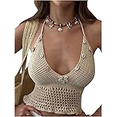 SHENHE Women's Crochet Halter Top Seashell Open Back Tie Backless Boho Beach Resort Crop Top Tank