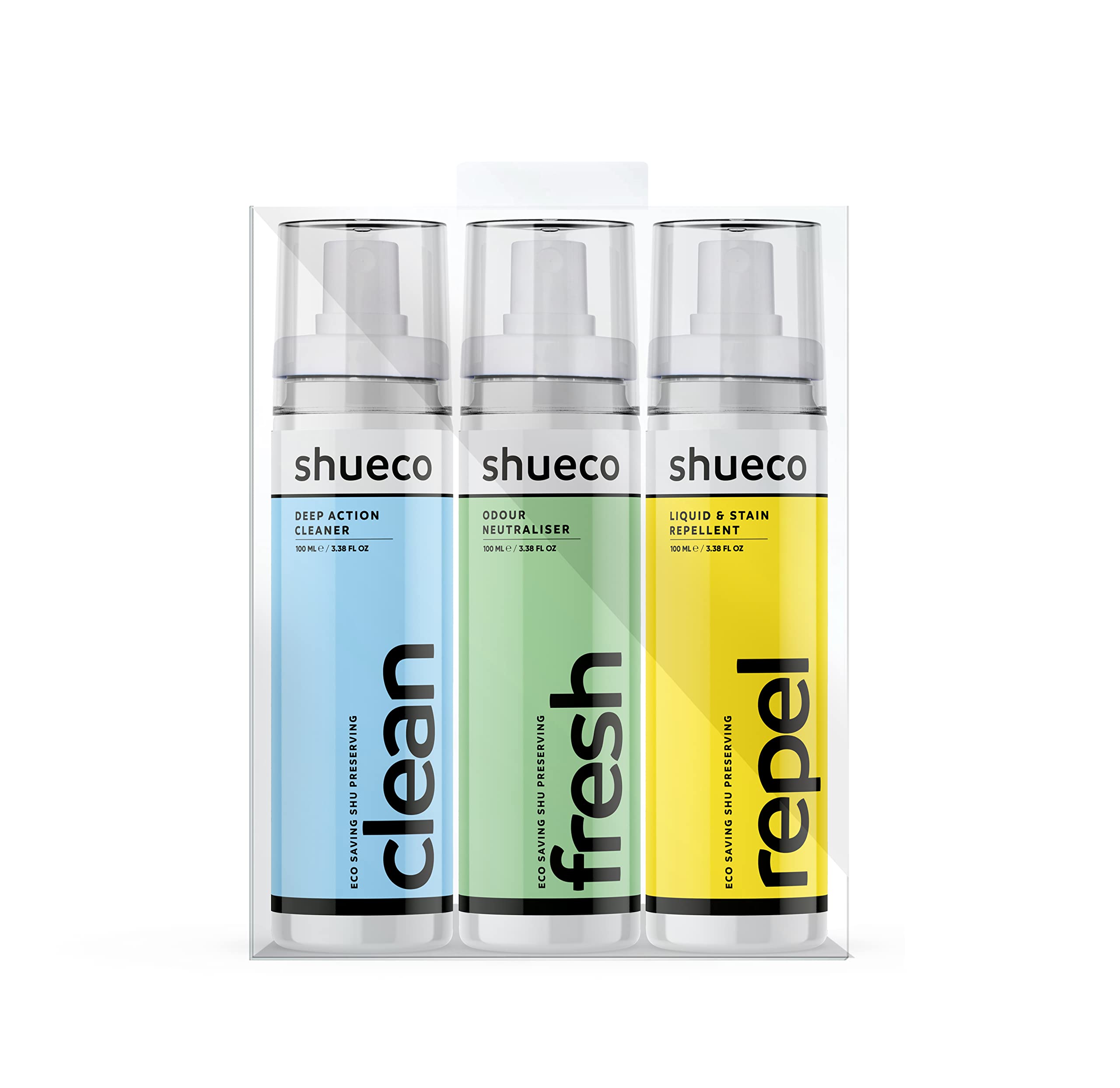 shueco Care and Protect Kit-Includes Shoe Cleaner, Deodoriser and Waterproofer/Stain Repellent (3 x 100ml)