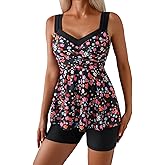 B2prity Tankini Swimsuits for Women Tummy Control Two Piece Modest Bathing Suits Floral Skirt Top with Boyshorts