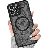 BITOBE Floral Case for iPhone 15 Pro [Compatible with MagSafe] Cute Flower Pattern Case for Women Girls Soft TPU Bumper Translucent Magnetic Slim Protective Cover - Black Rose