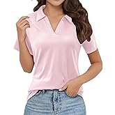 Polo Shirts for Women, V-Neck Business Casual Tops for Women, Summer Lapel Collar Tunic Tops Short Sleeve Cute Blouses Work Tops Golf Polo Shirt, XXL, Pink