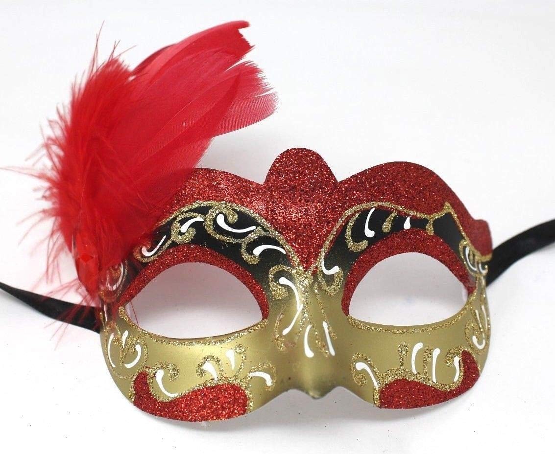 LADIES RED WHITE & GOLD VENETIAN MASQUERADE HALLOWEEN CARNIVAL PARTY EYE BALL FEATHER MASK, Red White Gold, 7.5cm Deep - Image 3