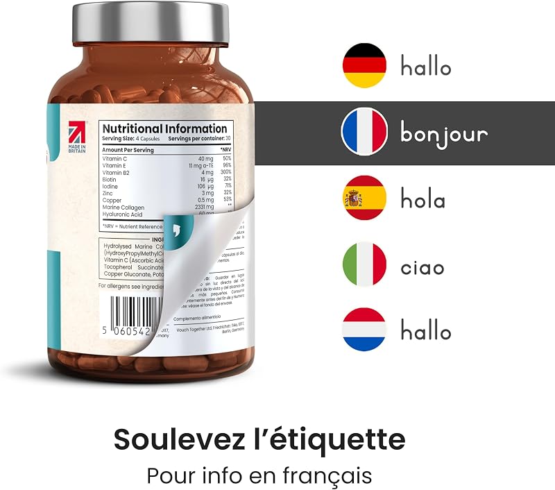 Collagène Marin et Acide Hyaluronique 2450 mg | Peptide de Collagene Marin Gelules + Vitamine C, E, B2, Zinc | Complément Alimentaire Peau, Cheveux, Articulations | VitaBright Collagene Hydrolysé