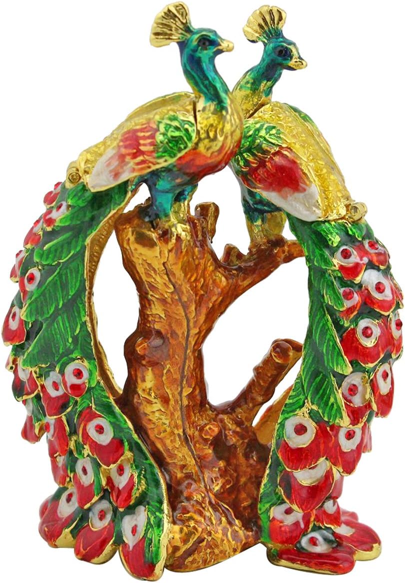 znewlook Large Double Peacock on Branch Pewter Zinc Trinket Box Wedding Gift Box Golden Plated Enamel Hand Painted (Red)