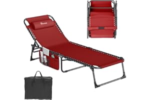 YITAHOME Patio Lounge Chair, Portable Reclining Chairse Lounge Folding Camping Cot 5 Posistion Adjustable w/Head Pillow & Portable Handbag for Camping, Pool, Beach and Patio, Red