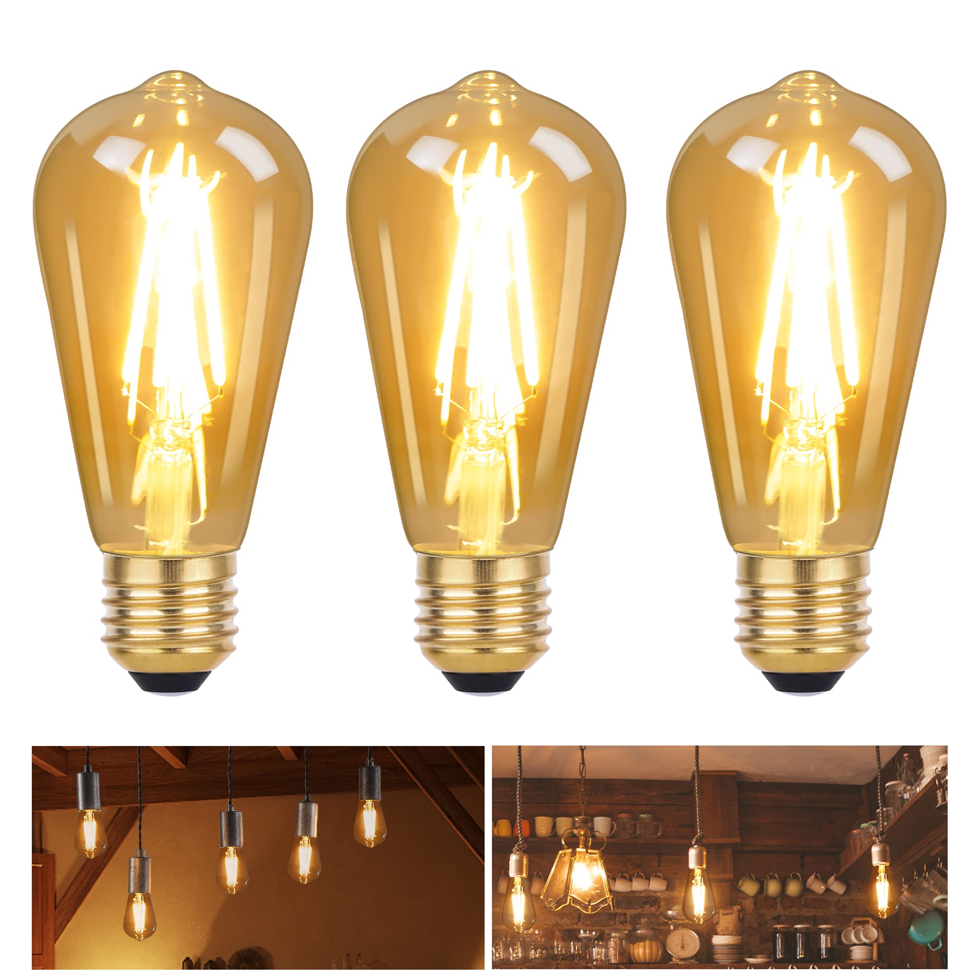 DSLebeen Dimmable E27 LED Vintage Light Bulbs 6W 600lm, ST64 Edison Screw Bulb Decorative LED Filament GLS Bulbs Amber Glass Warm White Lighting 2700K 3-Pack
