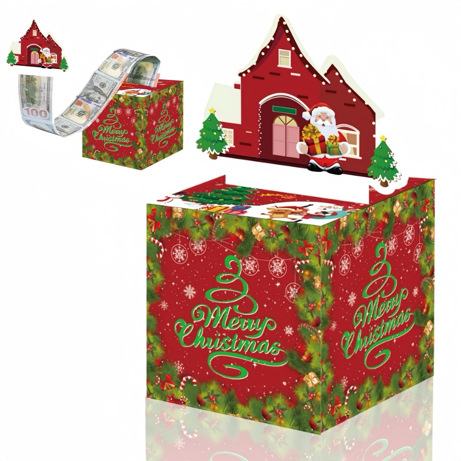 Christmas Money Box for Cash Gift,Christmas Pull Surprise Money Gift Box forKids/Adult Presents,Money Cake Pull out Cash with Xmas Card and 50P Transparent Bags,Money Pull Box for Christmas Party