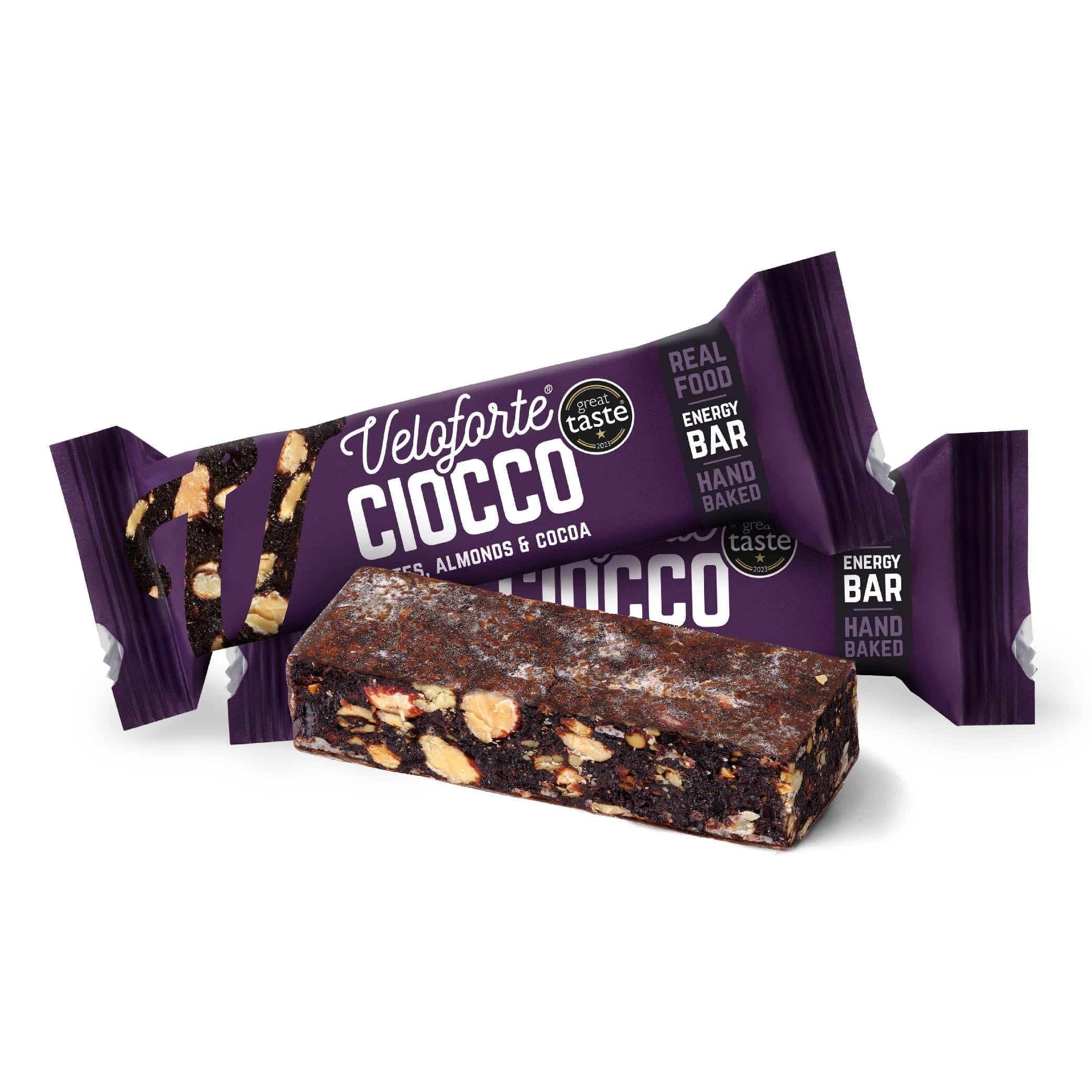 Veloforte Ciocco Energy Bar For Running, Cycling, Triathlon | Optimally balanced carbs and protein for sports. Gut-friendly, high-fibre, vegan and gluten-free | Dates, Almonds & Cocoa | 9-pack