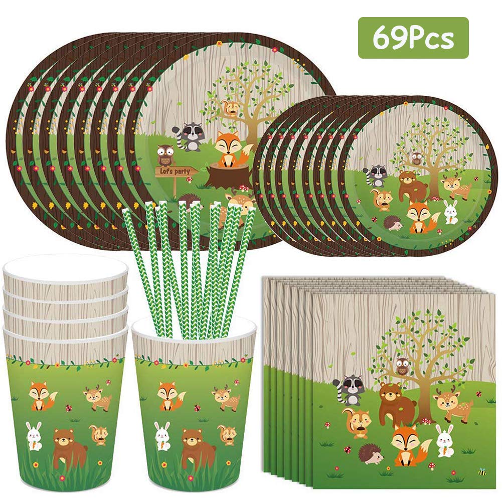 69Pcs Woodland Animals Party Tableware Dinnerware Paper Plates Napkins